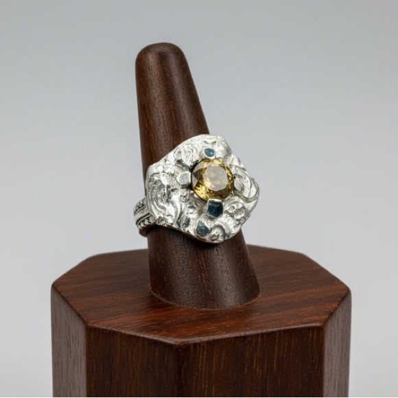 Handcrafted Jewelry - Silver-Plated Spoon Ring With Intricate Boho Metalwork & 6MM Citrine Size 8